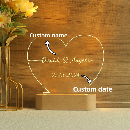 Heart-shaped night light for couples with names