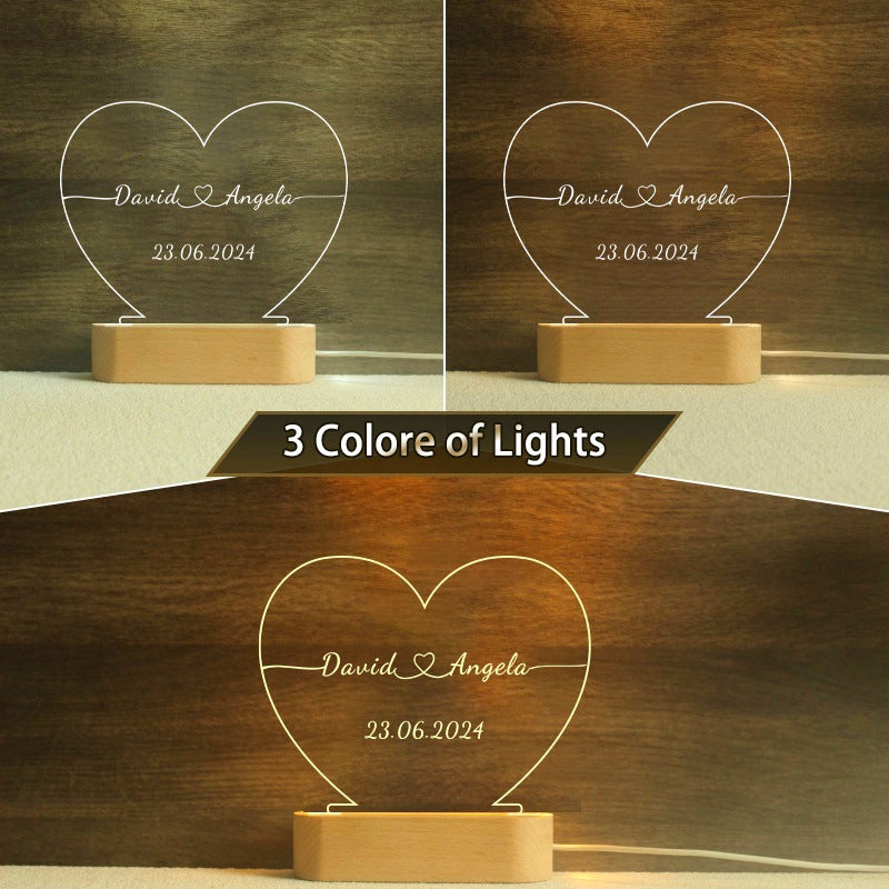 Heart-shaped night light for couples with names