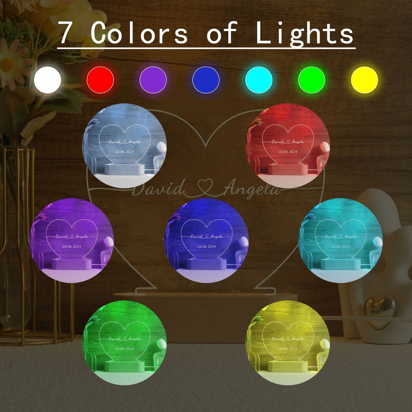 Heart-shaped night light for couples with names