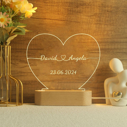 Heart-shaped night light for couples with names